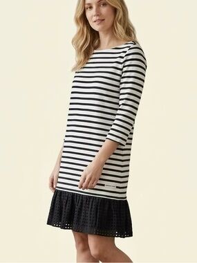 Kate Spade Dress White Black Striped Boat Neck 100% Cotton Eyelet Hem Preppy S